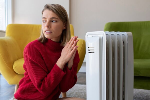 Eine Frau in einem roten Pullover wärmt ihre Hände vor einer Heizung.